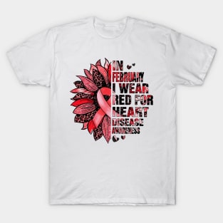 I Wear Red for Heart Disease Awareness Month Red Sunflower T-Shirt